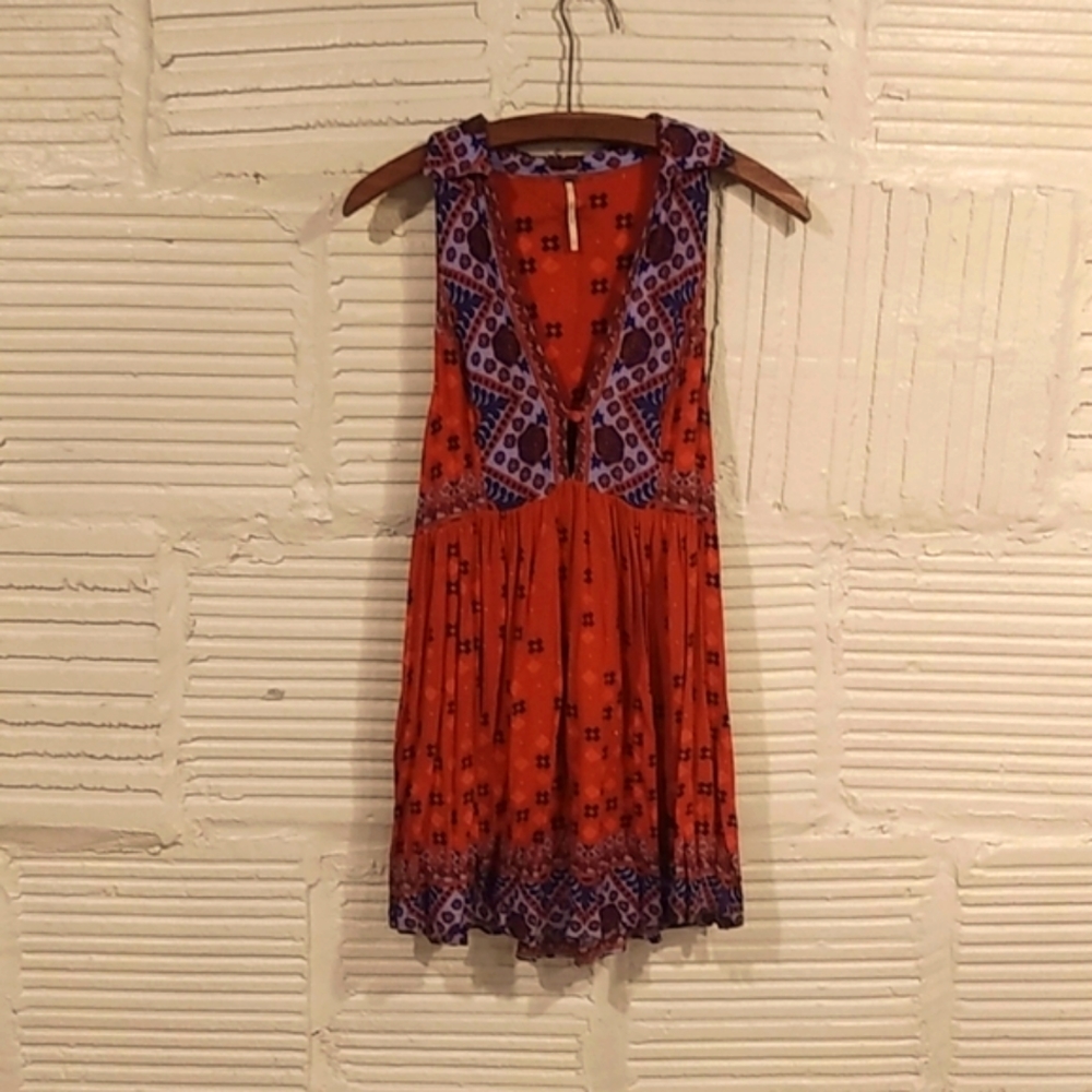 Free People orange and light blue collared top